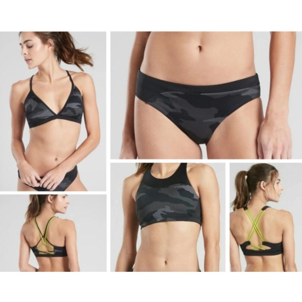 Athleta Freestyle Camo Bikini Bundle Size S 2 Tops + Bottom Black Neon